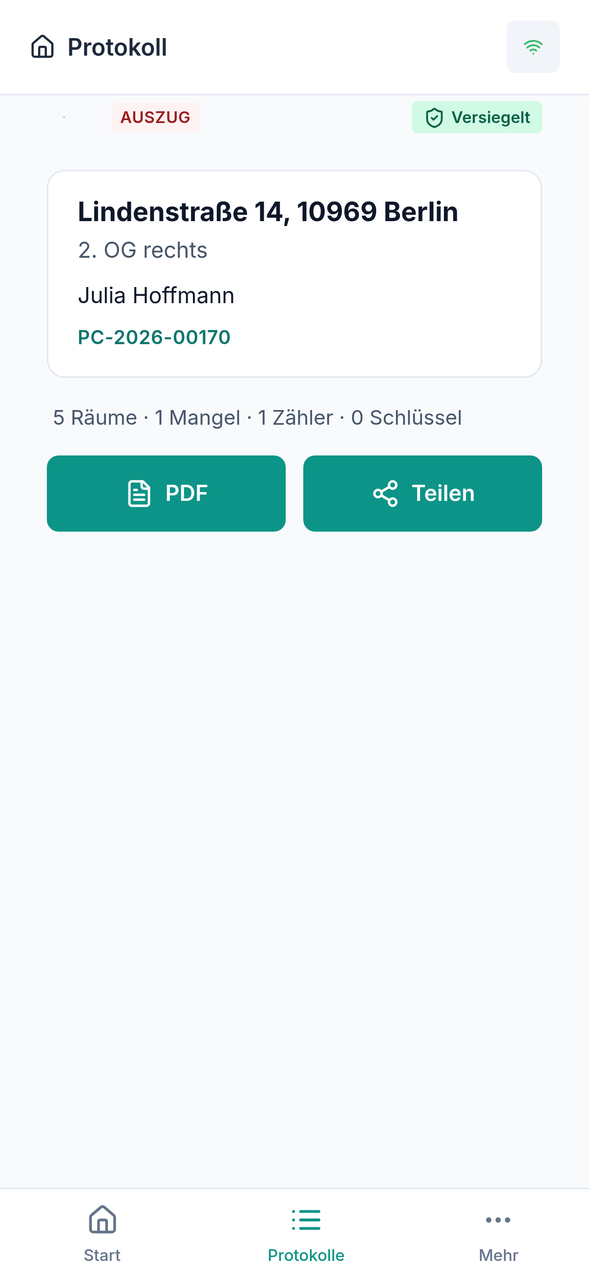 Protocasa App — versiegeltes Protokoll mit Siegel-Badge und Prüfsumme